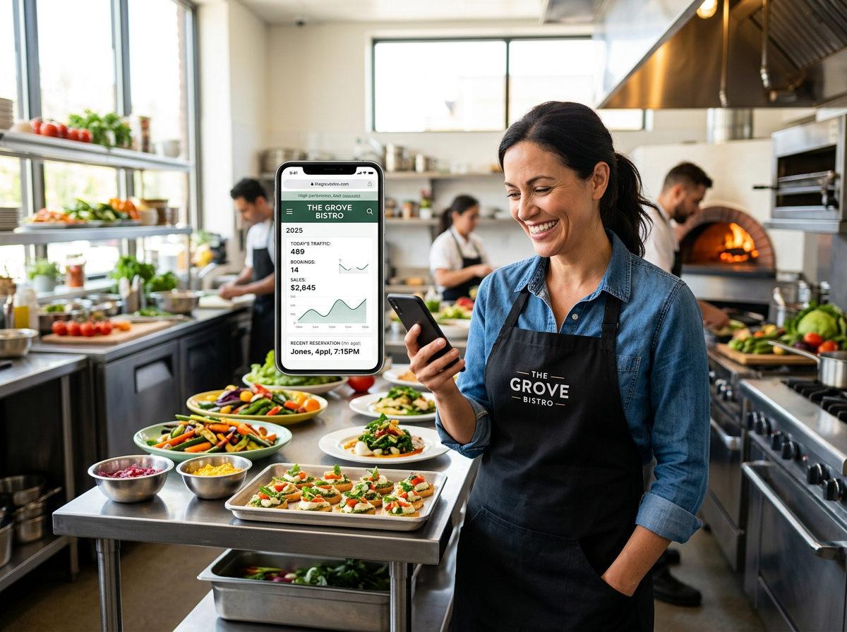 A restaurant owner in a professional kitchen environment using a high-performing mobile website to manage their business effortlessly.