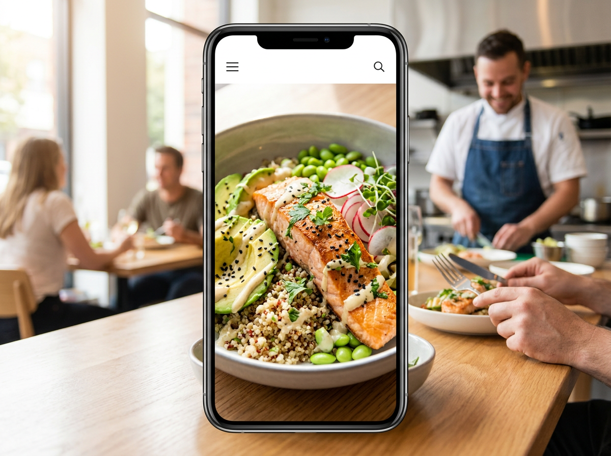 Professional hero food photography displayed 'above the fold' on a smartphone screen.