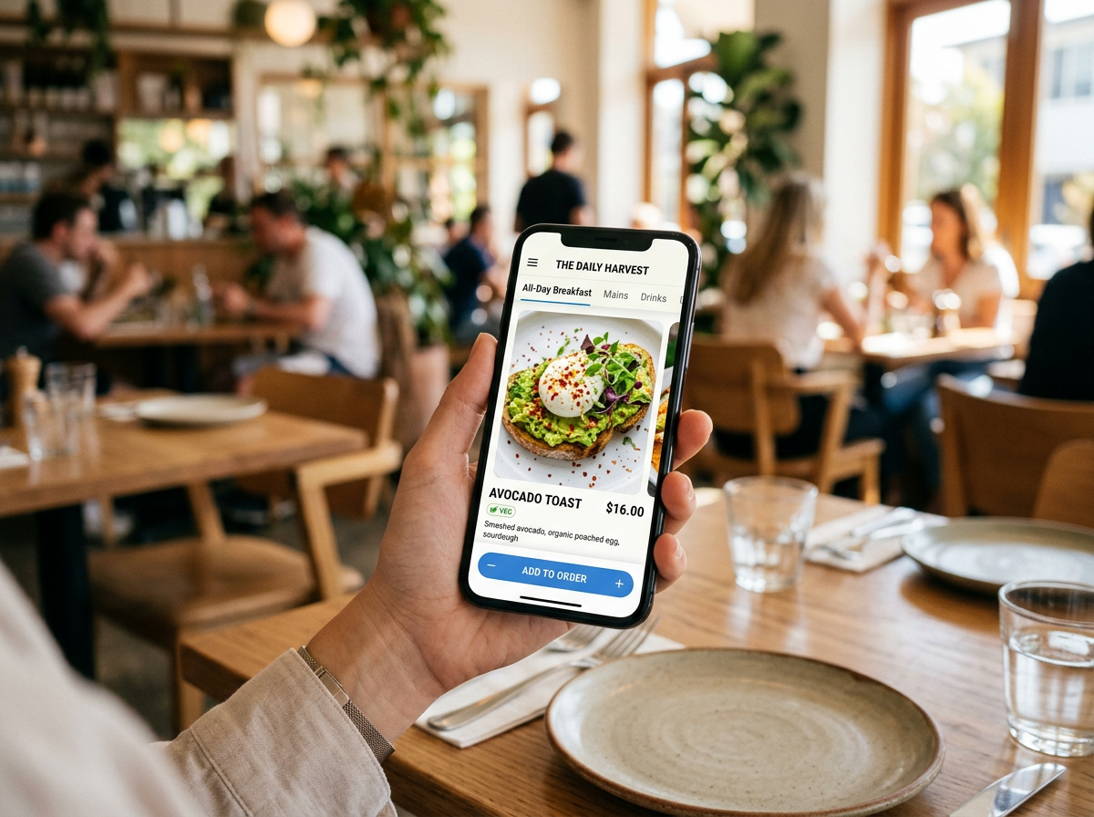 A smartphone displaying a modern, mobile-responsive restaurant menu in a bright, welcoming restaurant environment.