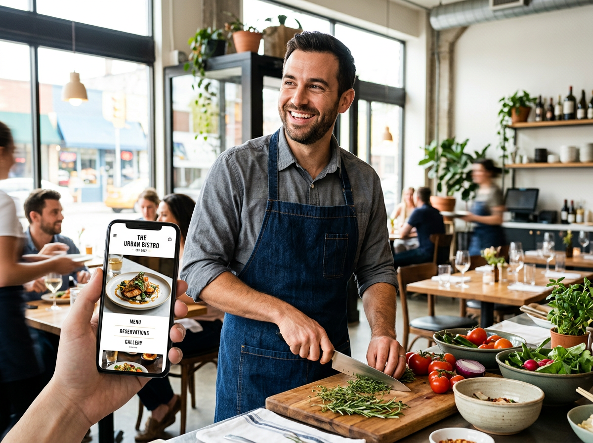 A restaurant owner looking relieved and empowered, holding a phone with a beautiful website displayed while in their kitchen environment.