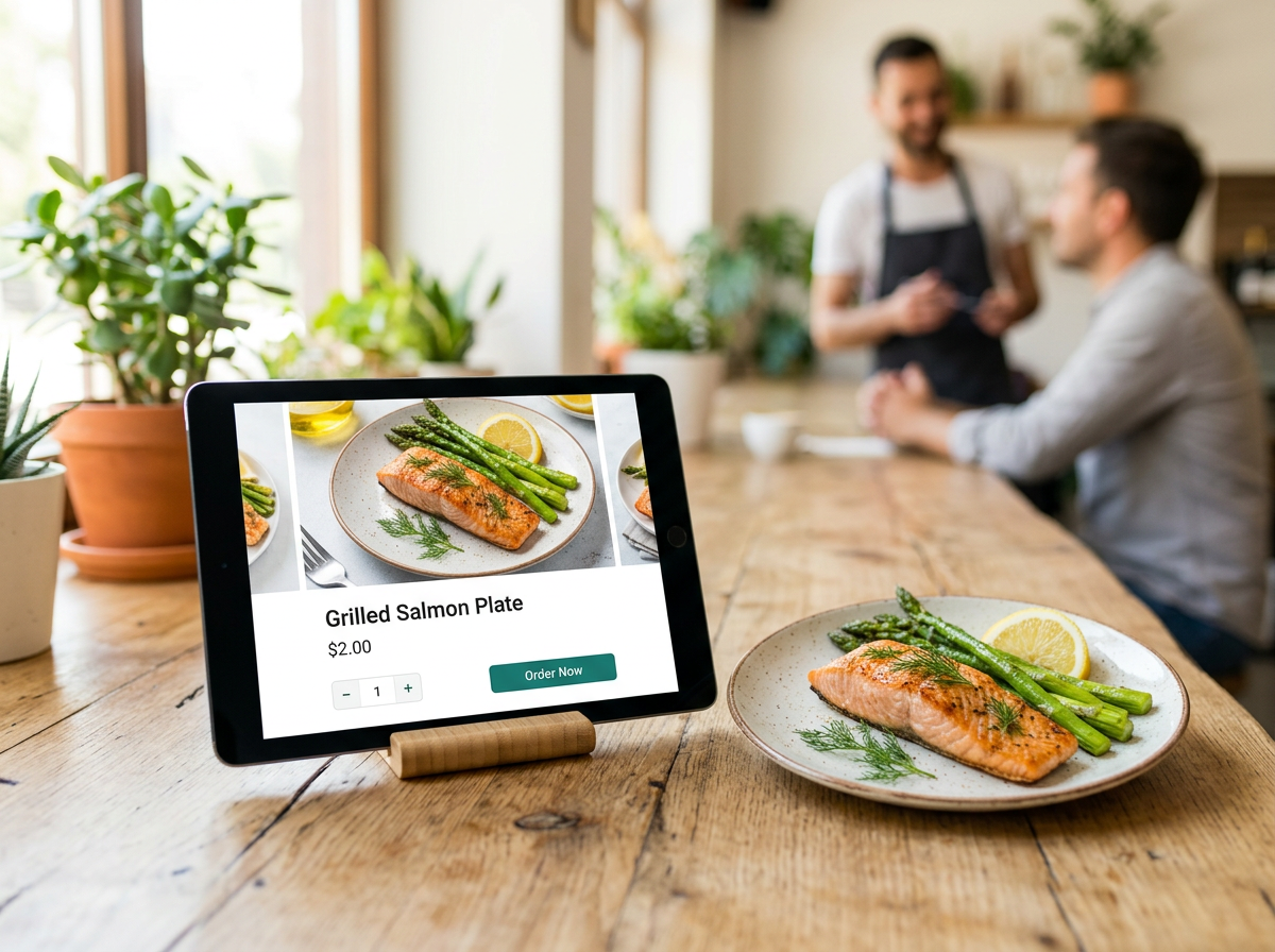 A tablet showing a restaurant website menu that perfectly matches the aesthetic of the real food served beside it.