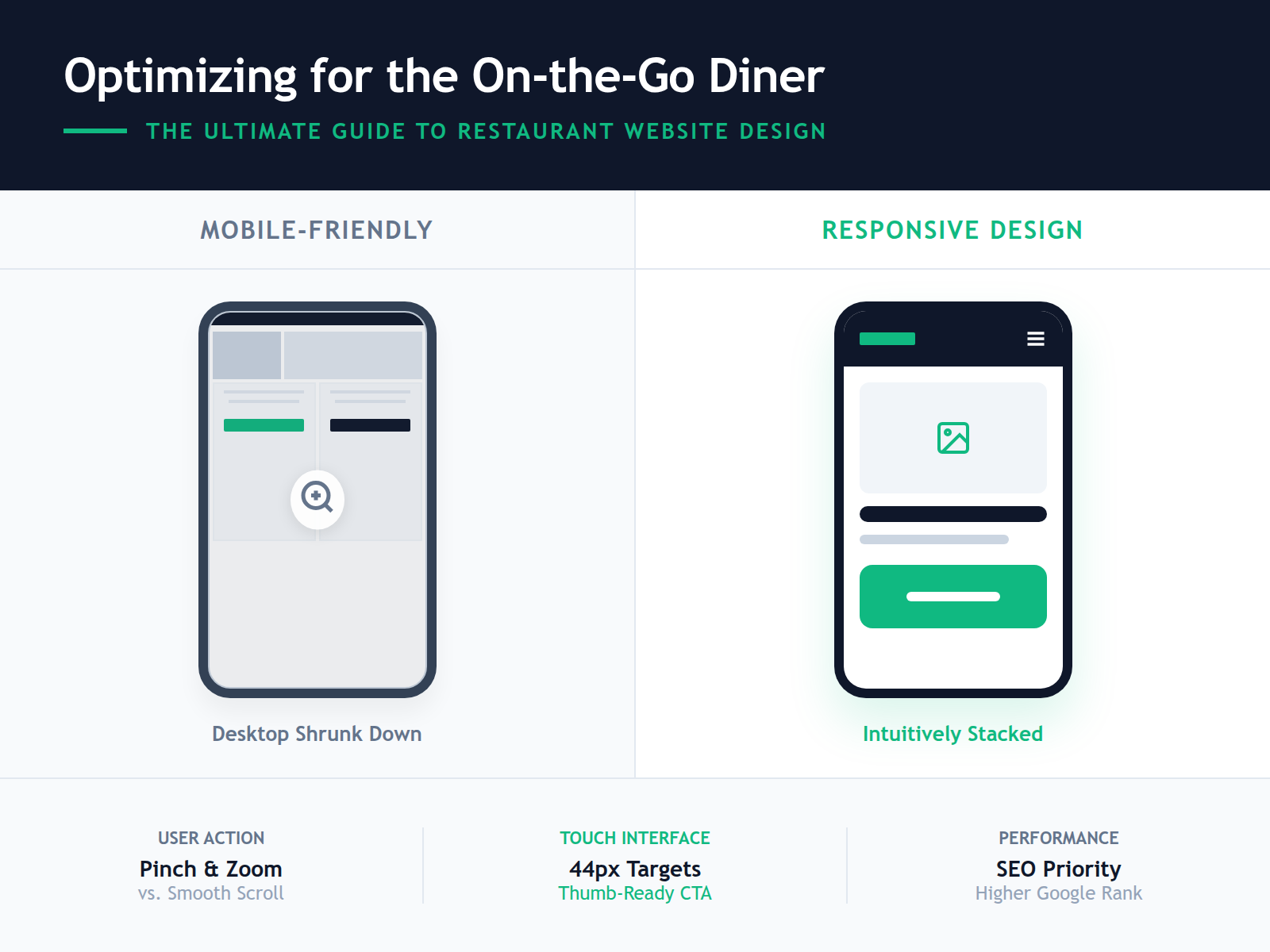 A comparison table between a basic mobile-friendly website and a modern responsive restaurant website design.