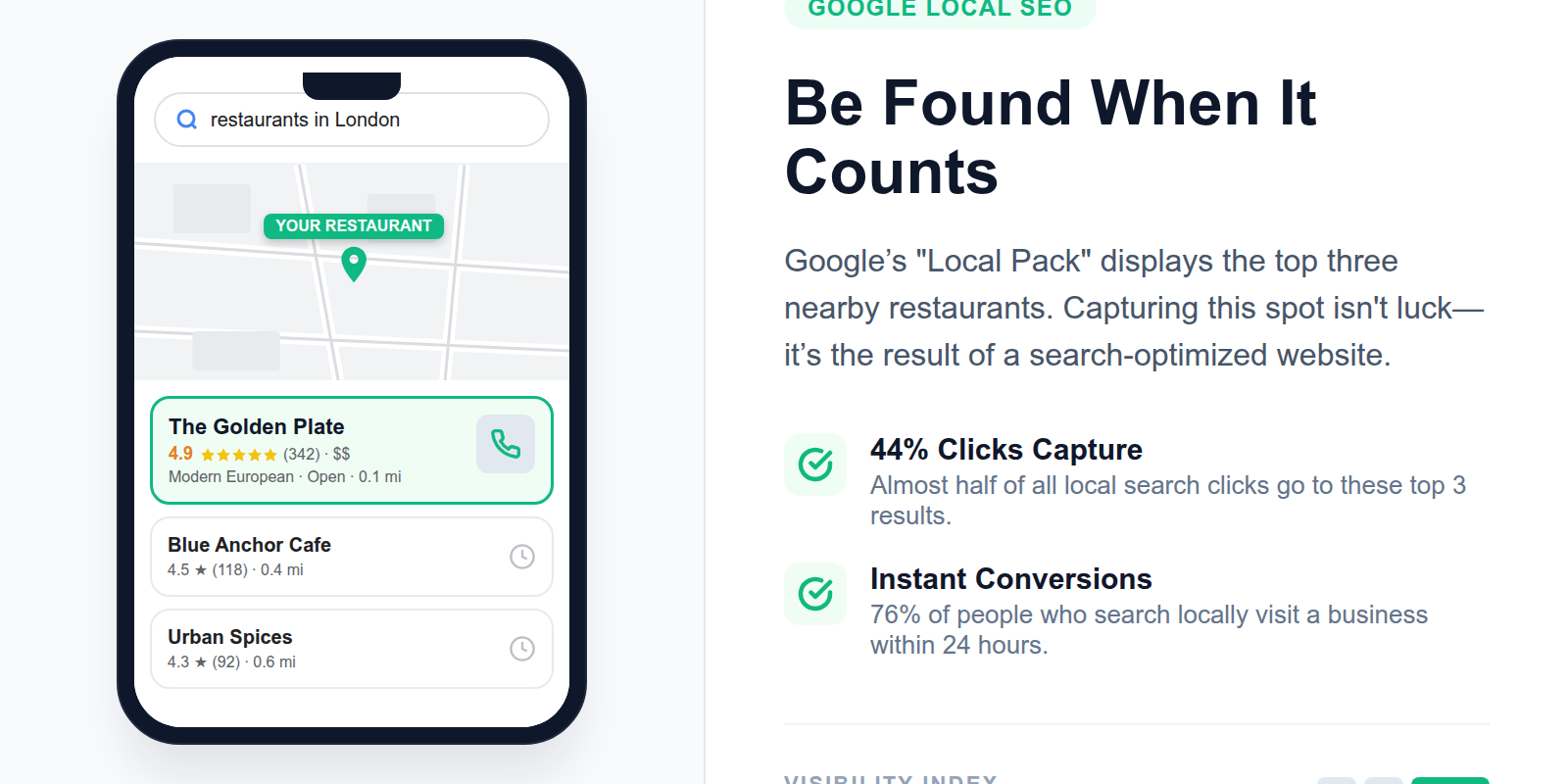 A mobile search result showing the Google Local Pack with three restaurant listings and a map.