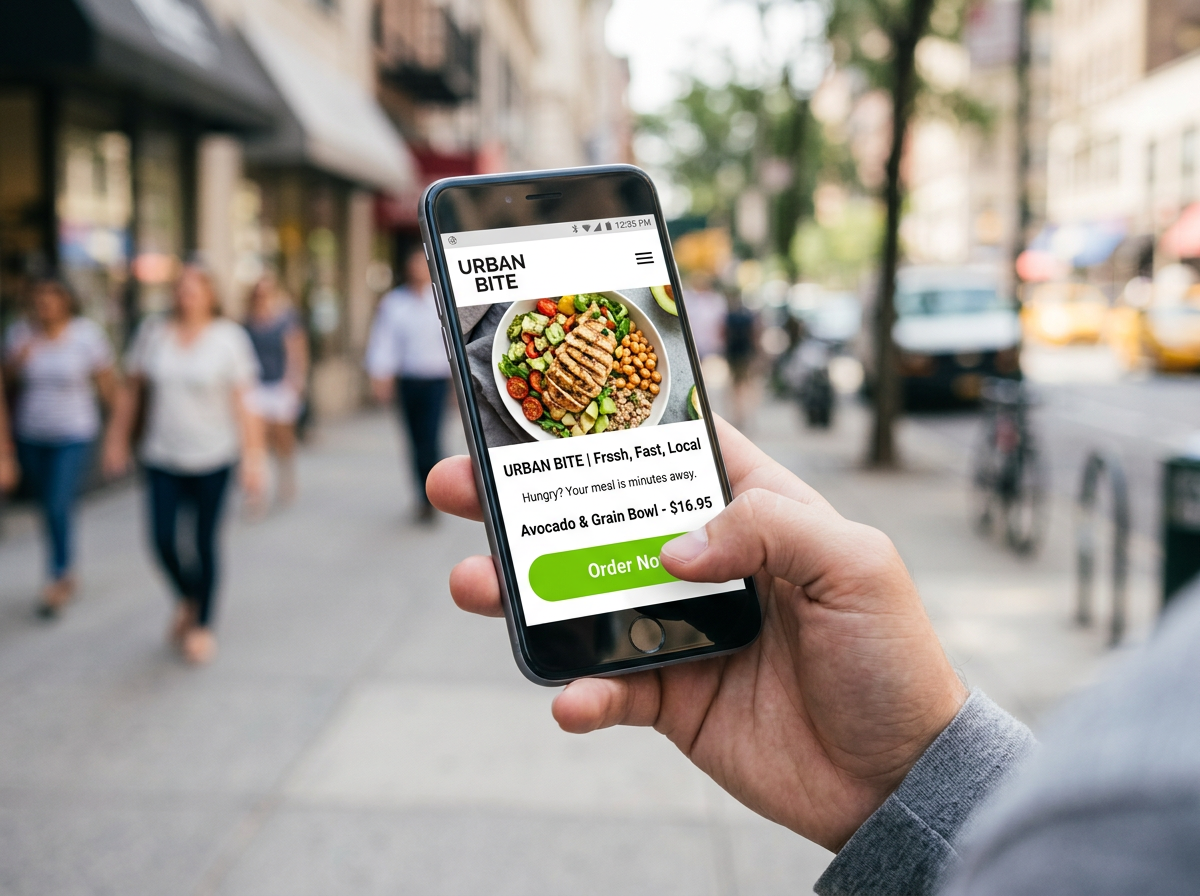 A conceptual image of a busy diner successfully navigating a restaurant's mobile website with one hand while on the move.