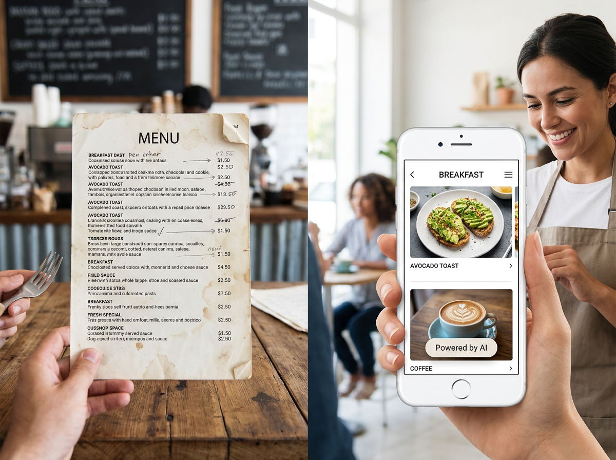 Comparison of a physical paper menu and a mobile-friendly digital restaurant menu.