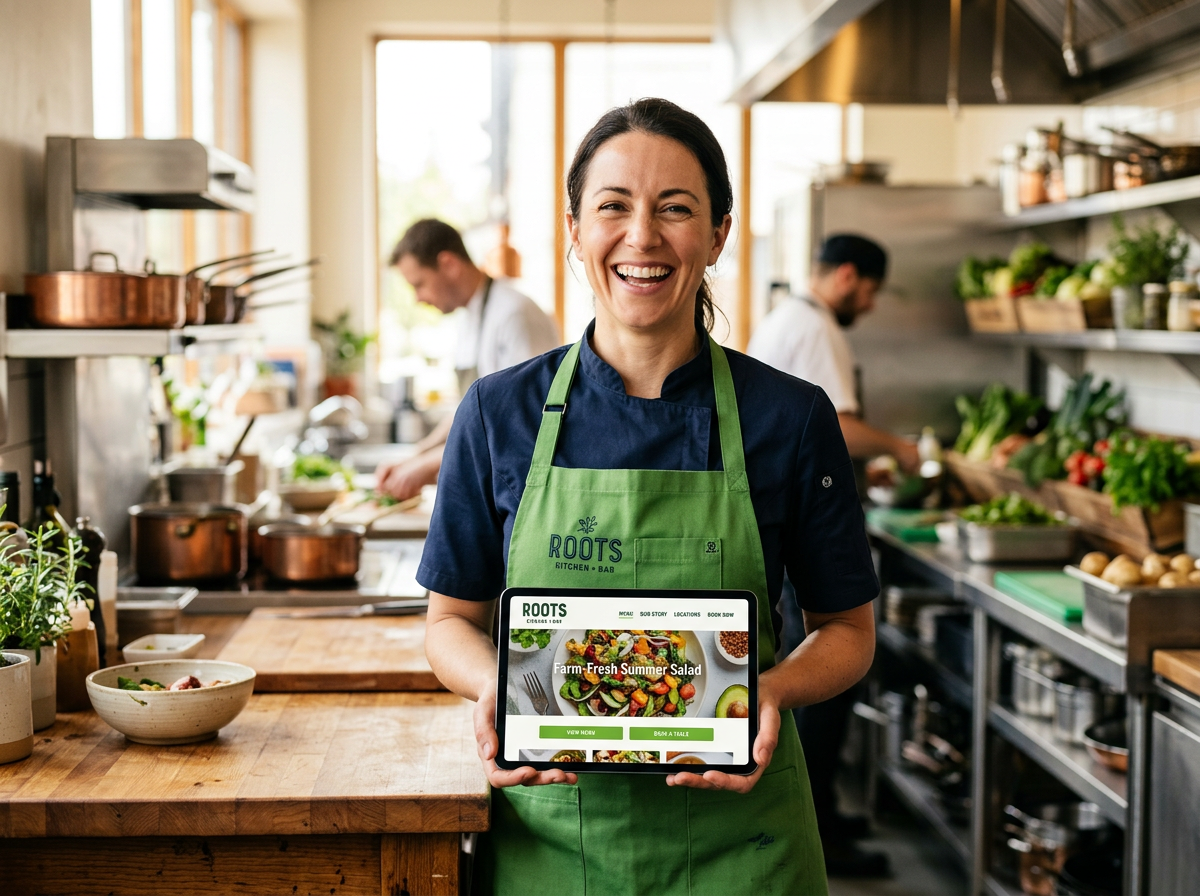 A restaurant owner looking relieved and happy while viewing their professional website on a tablet, symbolizing the 'set it and forget it' peace of mind.
