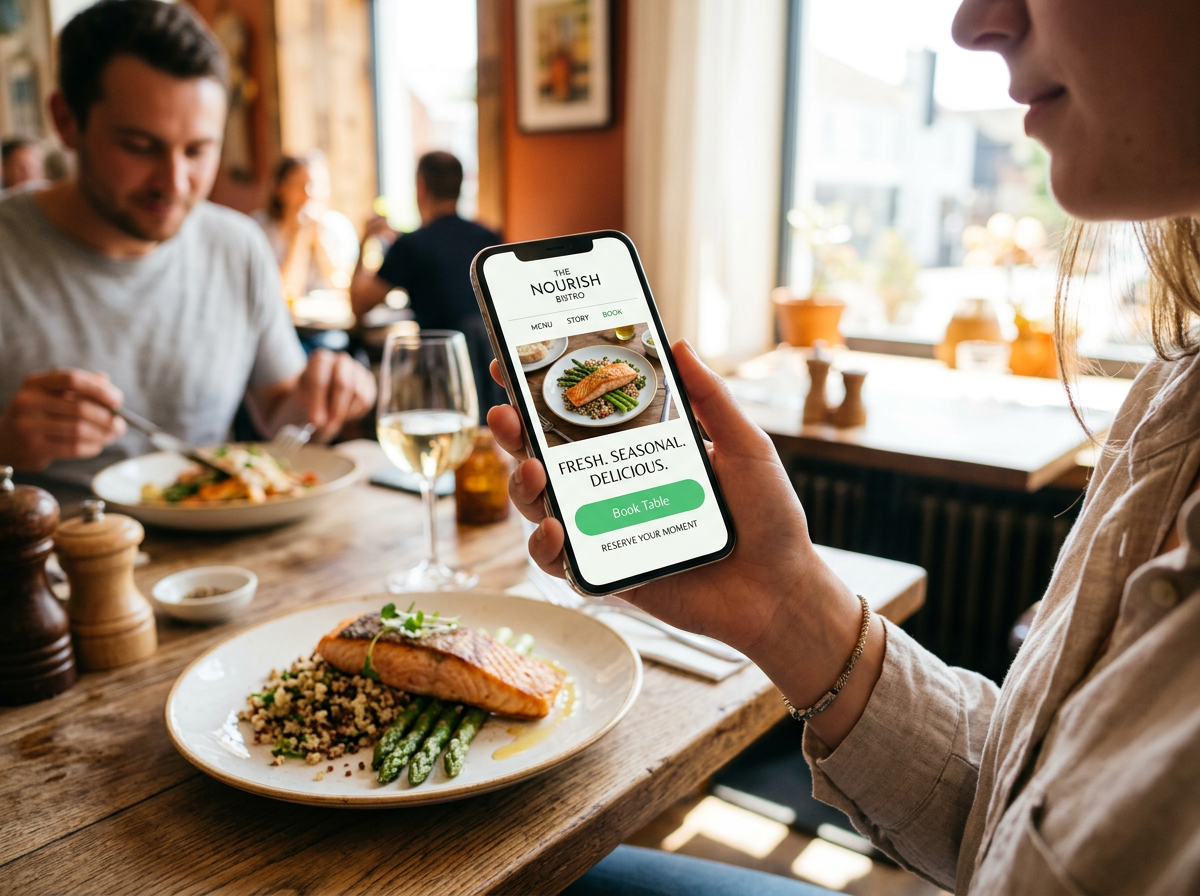A smartphone showcasing a minimalist restaurant website design that prioritizes easy navigation and clear calls to action.