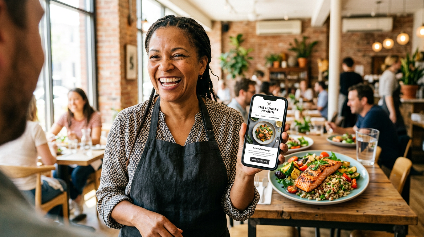A restaurant owner smiling in a bright bistro while looking at their restaurant's website on a smartphone.