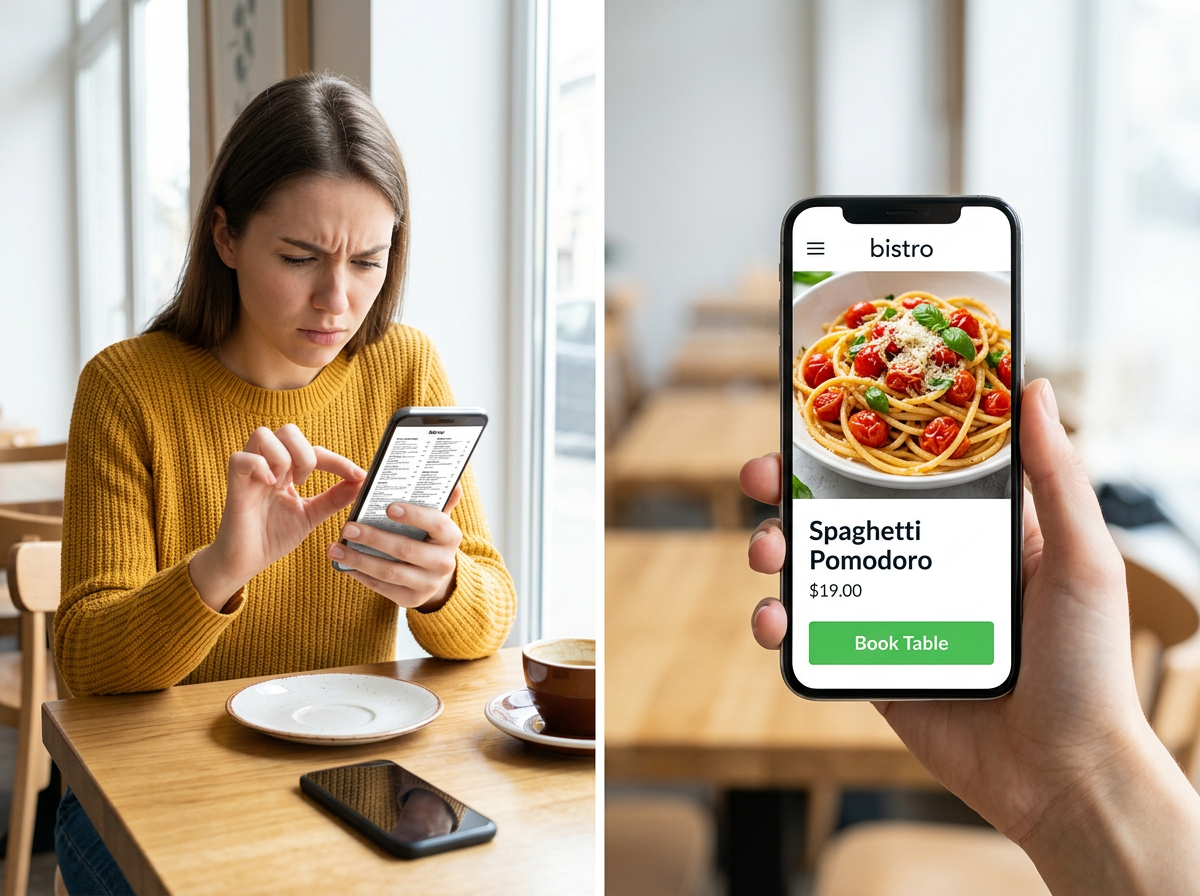 A side-by-side comparison of the frustration of 'pinching and zooming' a non-responsive site versus a **[seamless, thumb-friendly mobile interface](https://dinehere.ai/us/blog/15-stunning-restaurant-website-examples-to-inspire-your-new-site)**.