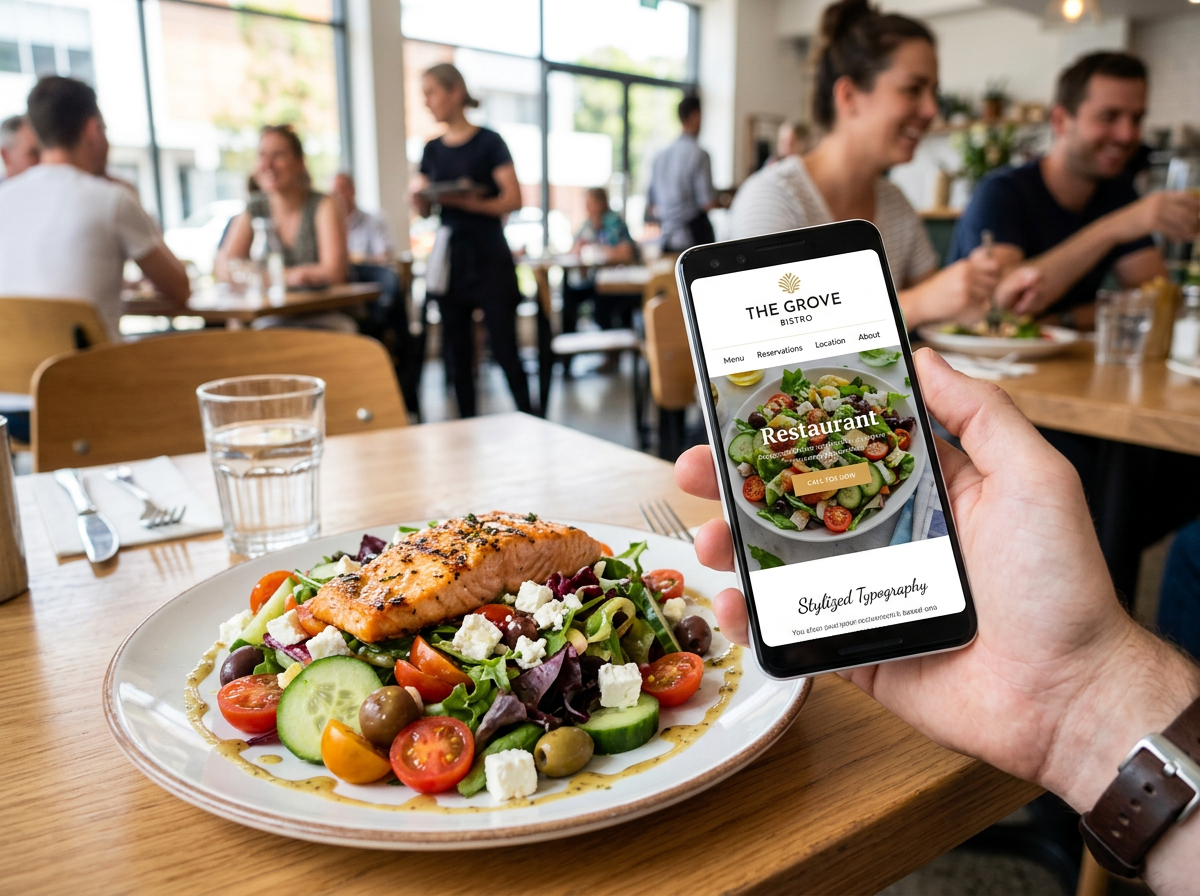 A diner's perspective of a gourmet meal with a smartphone displaying a modern restaurant website.