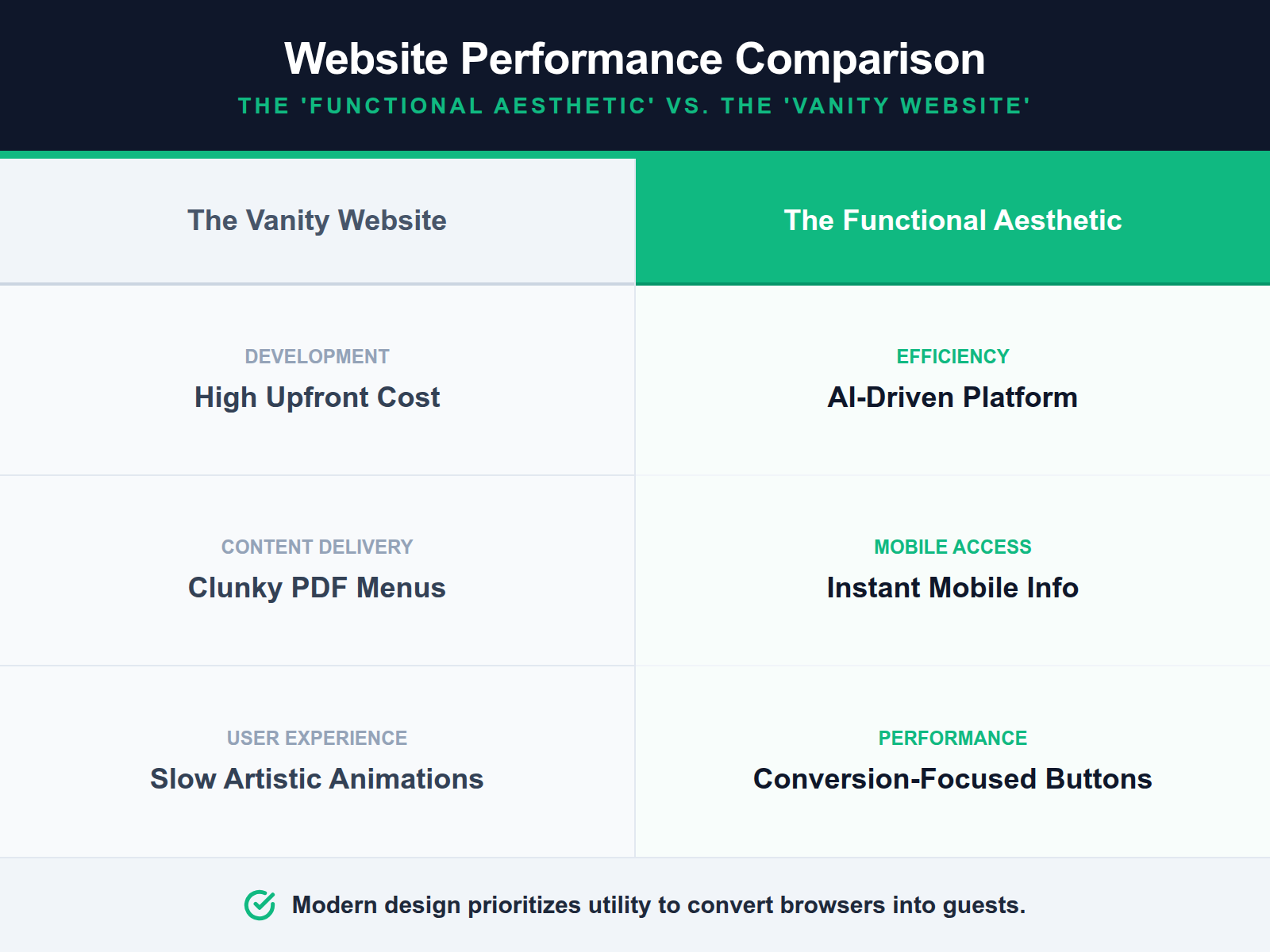 A comparison table showing the difference between expensive agency-built vanity websites and lean, high-utility functional restaurant designs.