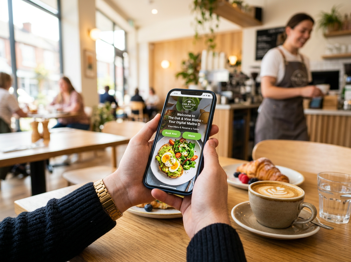 A smartphone showing a highly functional restaurant website with clear call-to-action buttons in a restaurant setting.