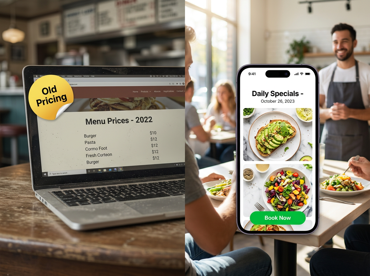 A side-by-side comparison showing an outdated 'zombie' website versus a fresh, profitable restaurant site updated for today.