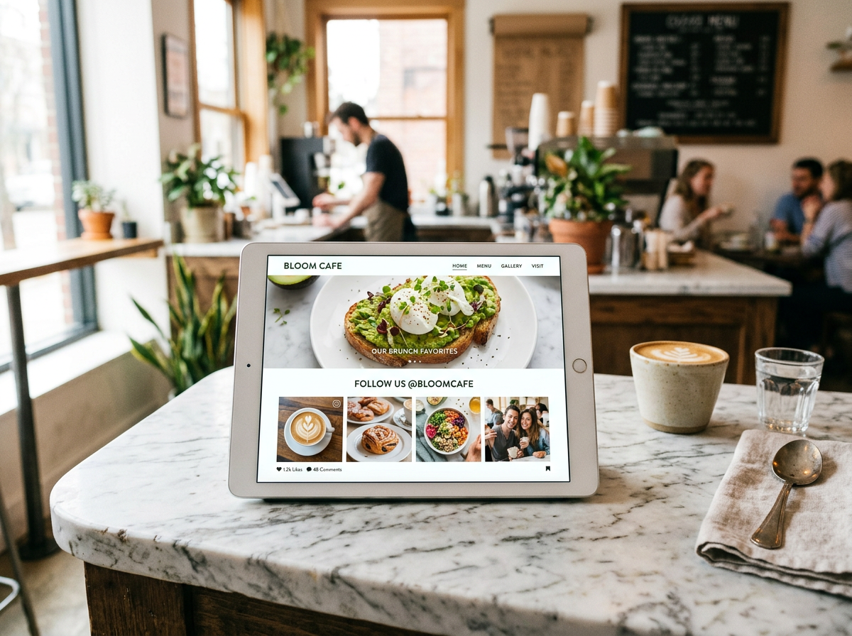 A tablet on a cafe counter displaying a modern, community-focused website design with integrated social media feeds.