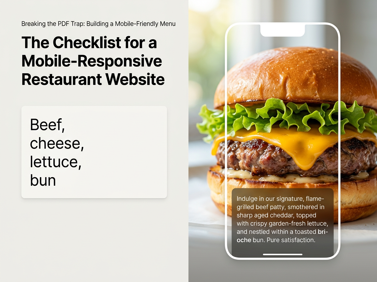A conceptual comparison of a basic ingredient list versus a sensory, appetite-triggering menu description generated by AI.