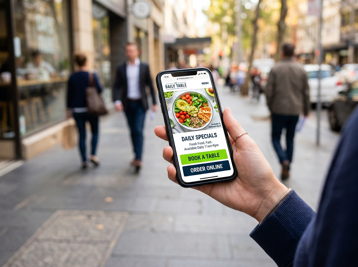 A person using a restaurant's mobile-first website while walking outside, demonstrating the 'Sidewalk Stress Test' with high-contrast text and oversized touch targets.