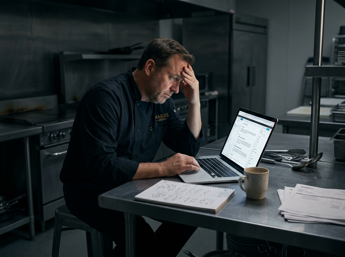 A tired restaurant owner struggling to edit a website late at night, illustrating the digital burnout of DIY platforms.