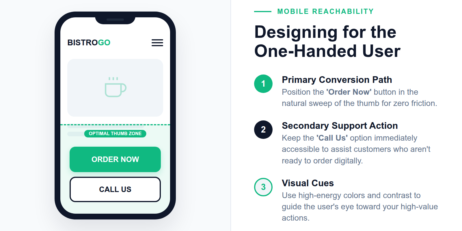 Mobile phone screen highlighting the easy-to-reach area for one-handed navigation.