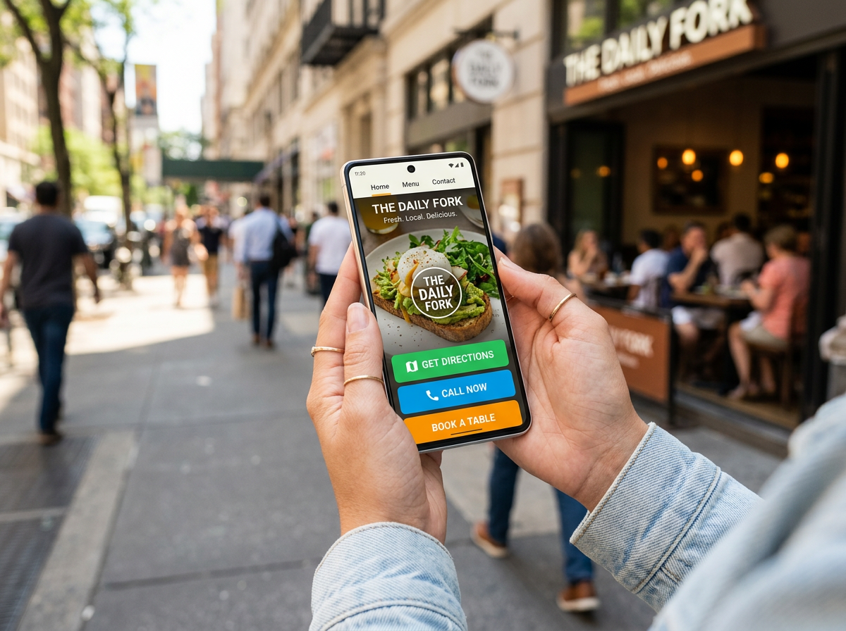 Close-up of a diner using a mobile restaurant website on a sidewalk, highlighting high-intent action buttons.