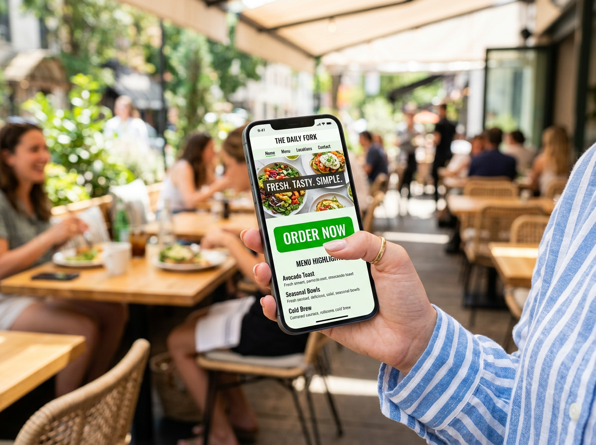 A lifestyle photo of a customer using a mobile-first restaurant website design with a clear call-to-action button.