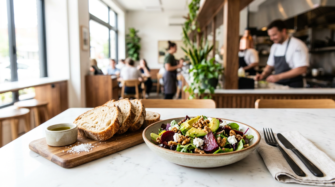A professional hero image of a vibrant bistro dish in natural lighting, showcasing the restaurant's atmosphere.