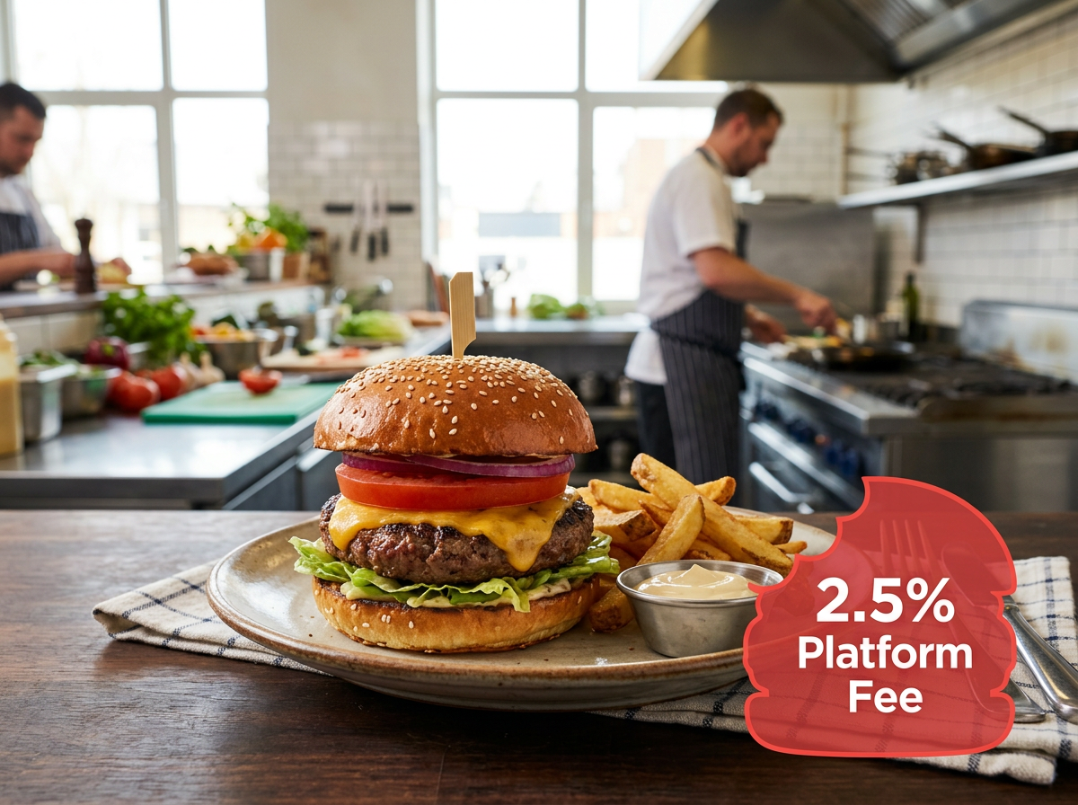 Conceptual image of a restaurant dish with a digital bite taken out of it labeled with a transaction fee, symbolizing profit loss.