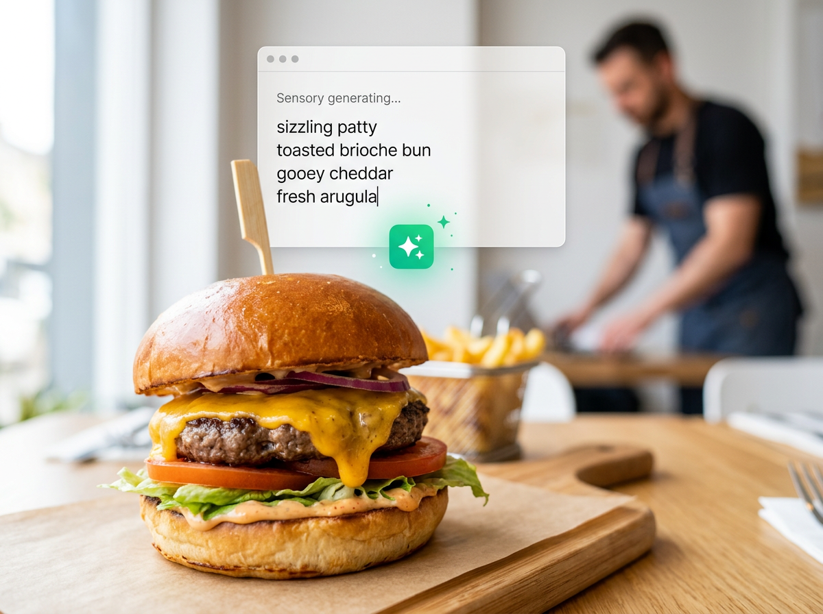 A conceptual visualization of an AI tool generating mouth-watering descriptions for a restaurant's signature burger.