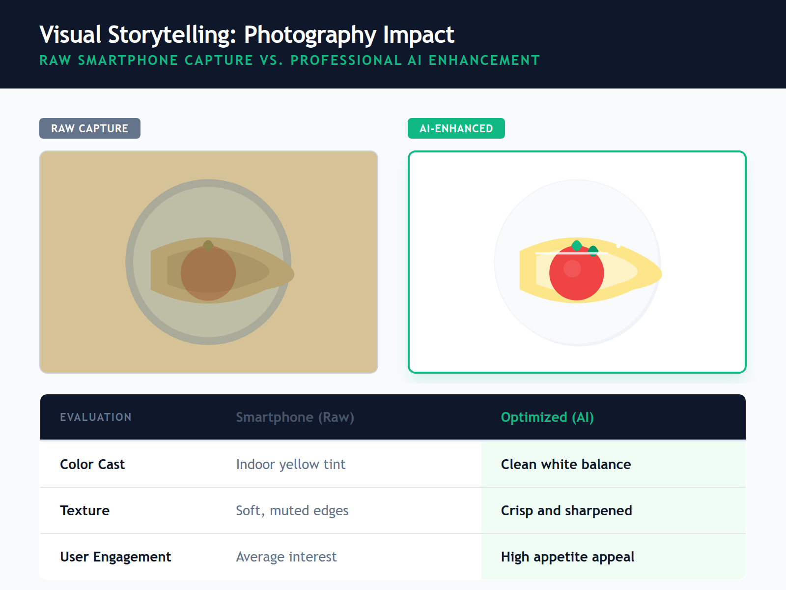 Side-by-side comparison of a raw smartphone food photo versus an AI-enhanced version with improved lighting and color.