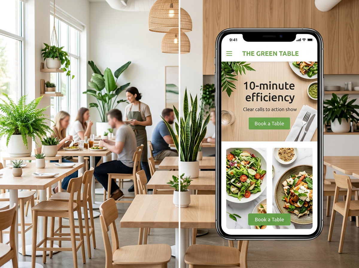 A side-by-side conceptual image showing how the physical atmosphere of a restaurant should match the visual branding of its digital website storefront.