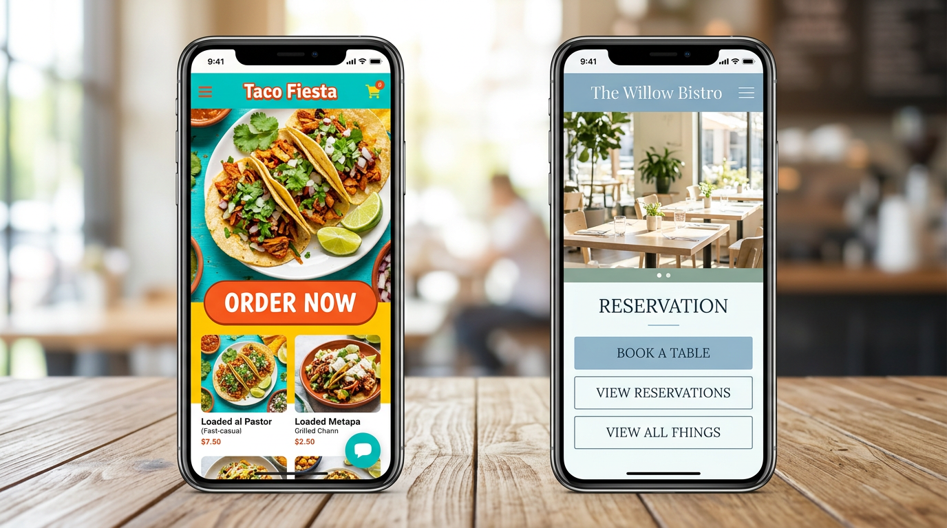 Side-by-side comparison of different AI-generated website templates tailored for a casual taco shop and a fine-dining bistro.