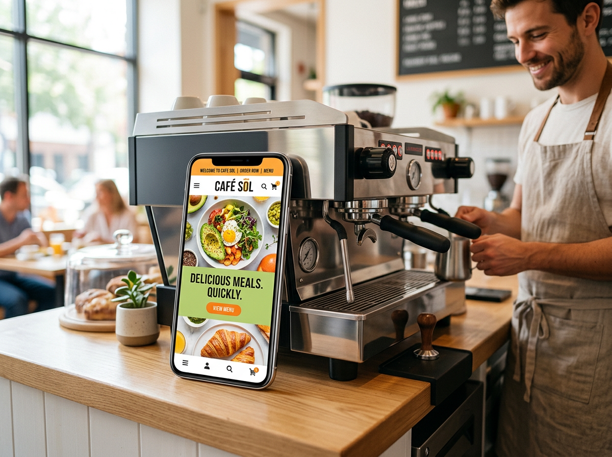 A smartphone showing a mobile-responsive website in a real-world restaurant setting, illustrating the 'digital appliance' concept.