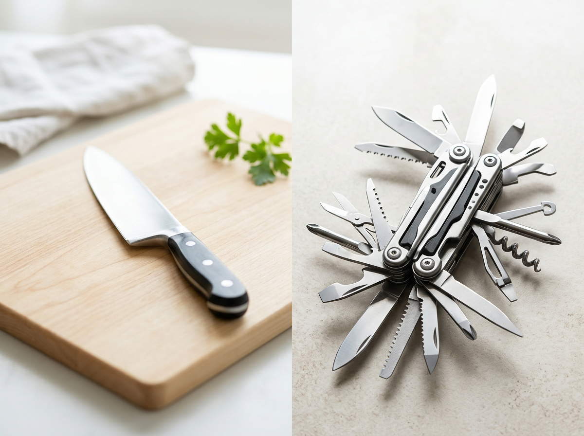 A visual metaphor comparing a specialized chef's knife to a bulky Swiss Army knife, representing the specialized focus of Dinehere.