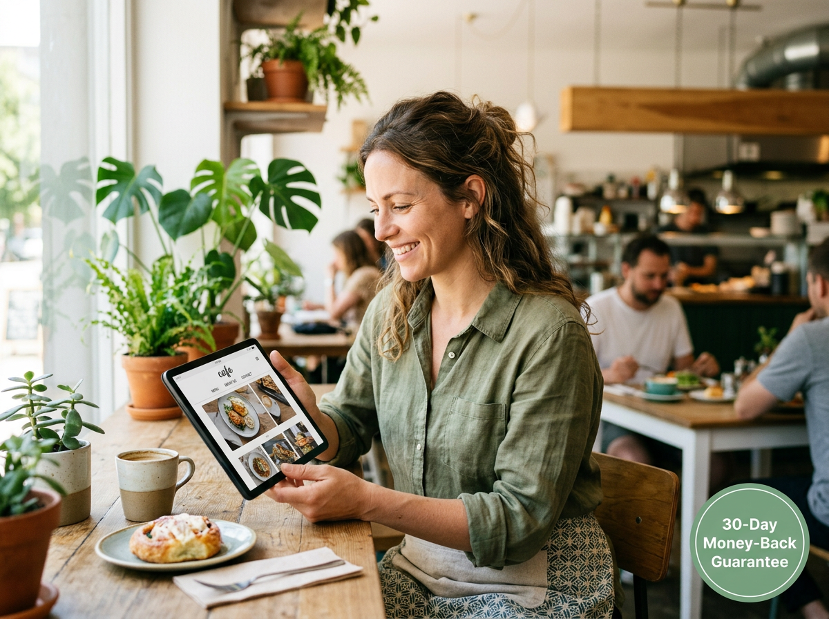 A happy restaurant owner using a tablet in a bright dining room, conveying confidence and peace of mind.