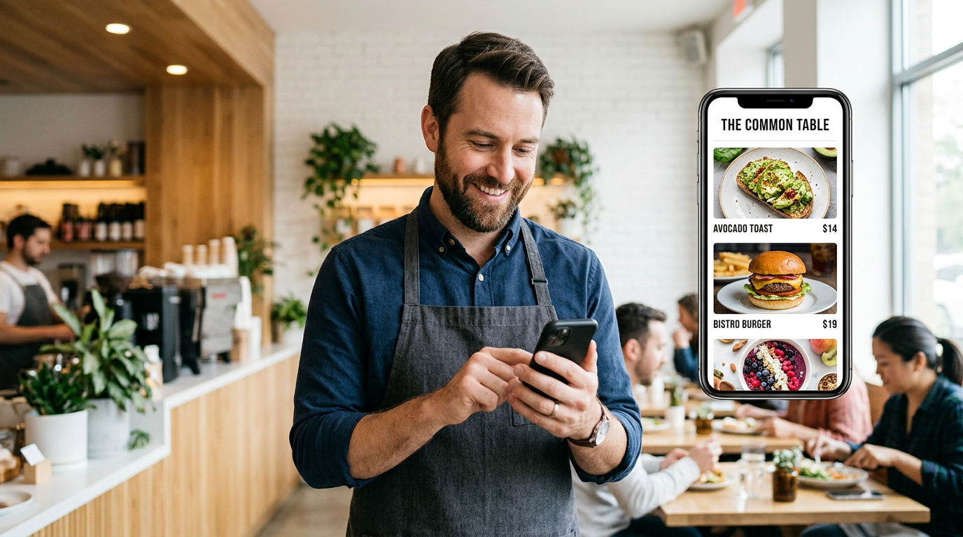 A restaurant owner smiling while looking at a mobile-responsive menu on their phone in a sunny cafe.
