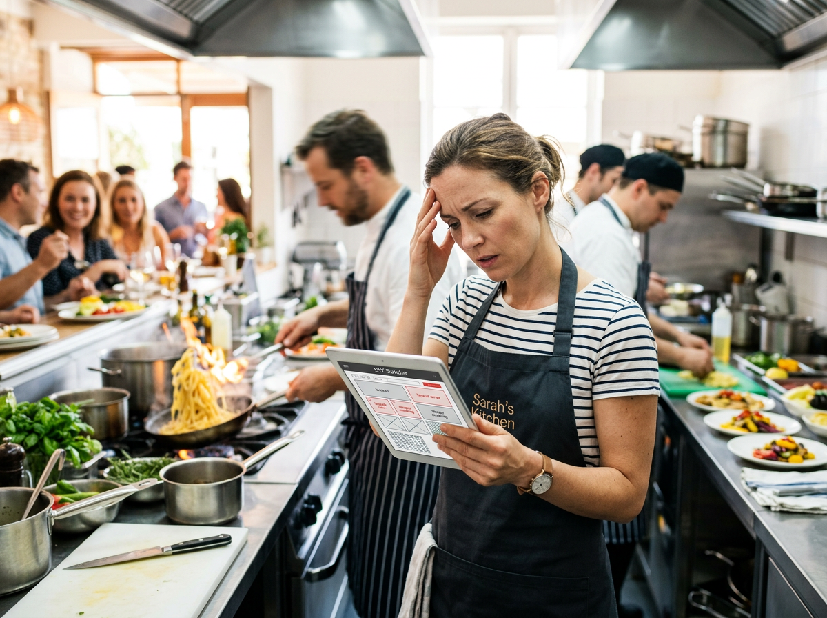 A restaurant owner appearing overwhelmed while trying to fix a website layout on a tablet during a busy shift.