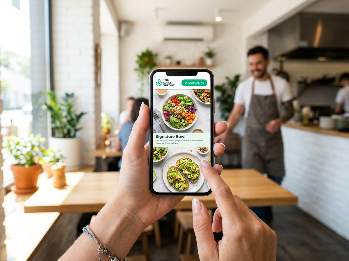 A mobile device showing a restaurant website with a sticky header and a high-contrast green call-to-action button.
