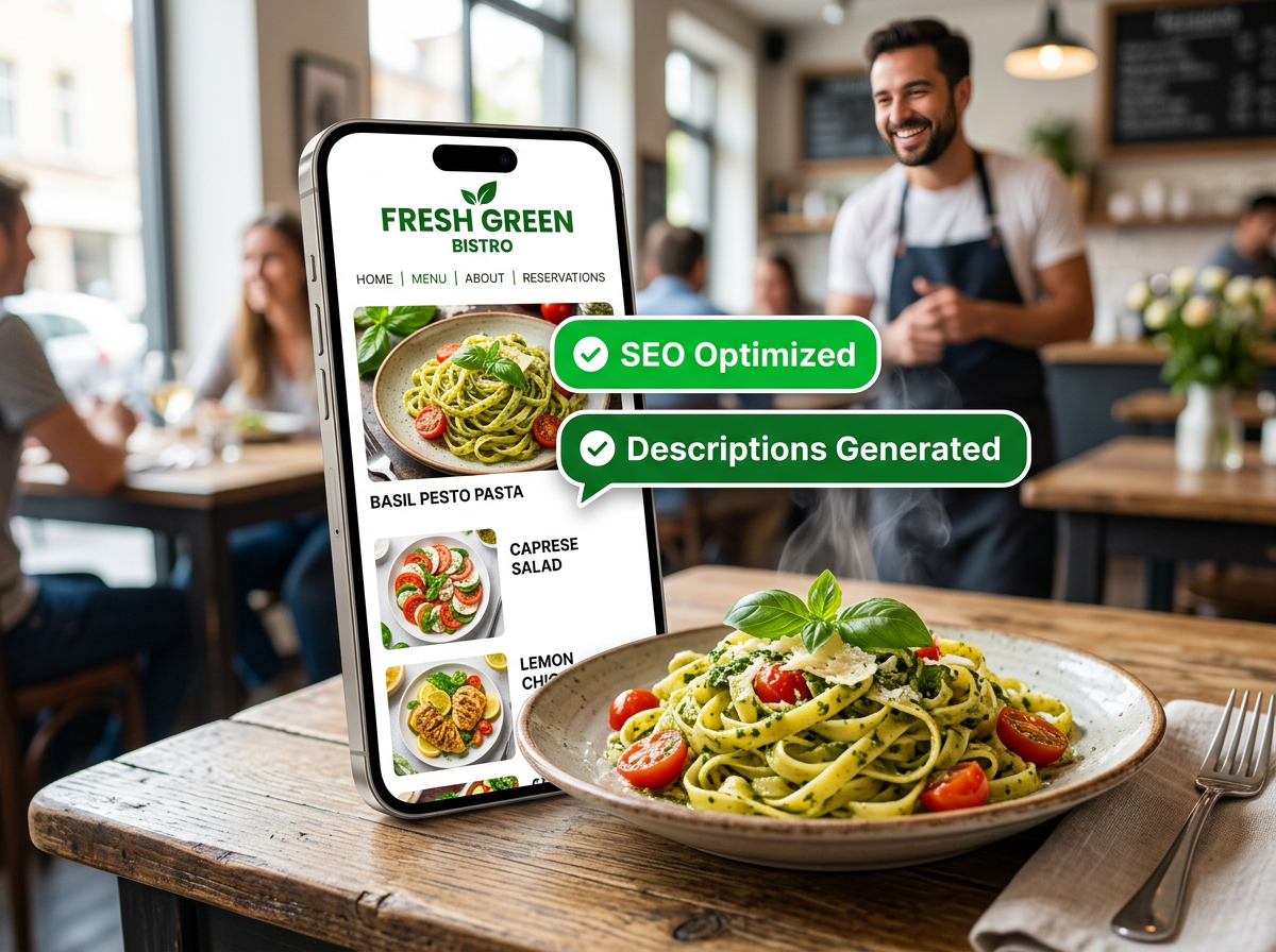 Conceptual image of a smartphone with an AI-generated restaurant menu next to a fresh plate of food, symbolizing the blend of technology and hospitality.