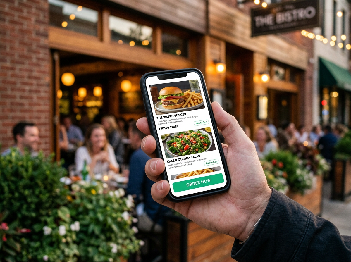 Close-up of a person using a mobile-responsive restaurant website with large buttons and readable text, representing high-converting digital curb appeal.