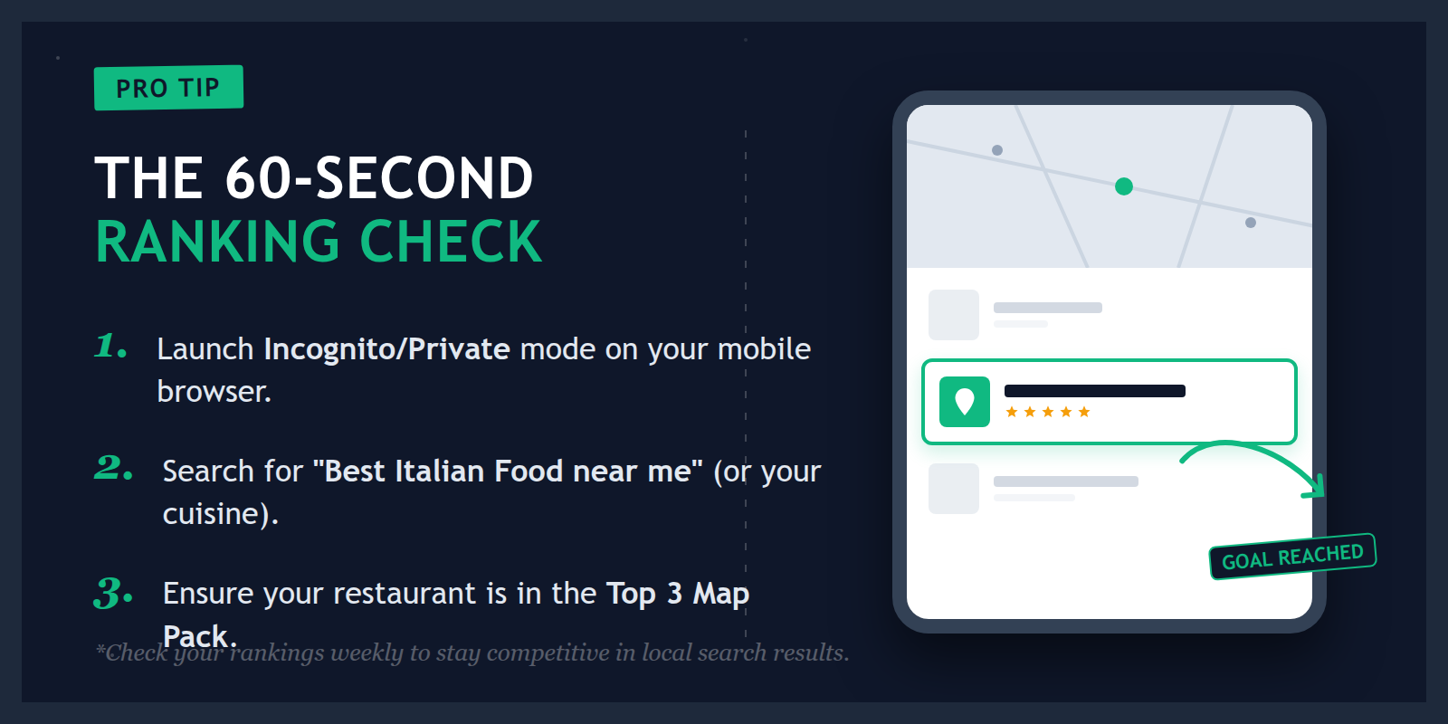 A chalkboard style graphic with a pro tip for checking local search rankings.