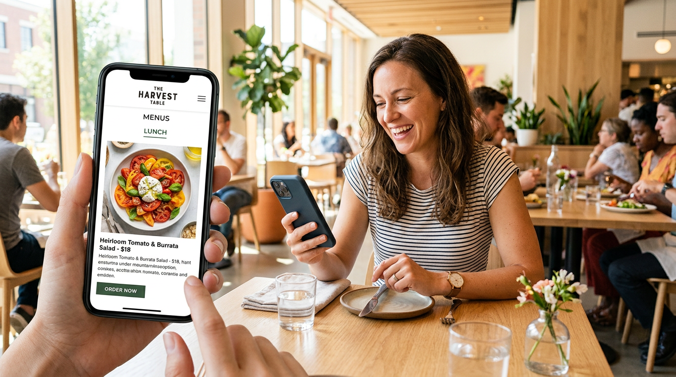 A diner using their smartphone to browse a modern restaurant website while sitting in a cafe.