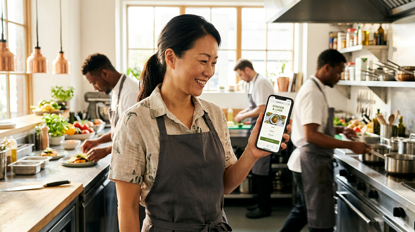 A restaurant owner smiling while looking at their simple restaurant website on a mobile device in a bright kitchen.
