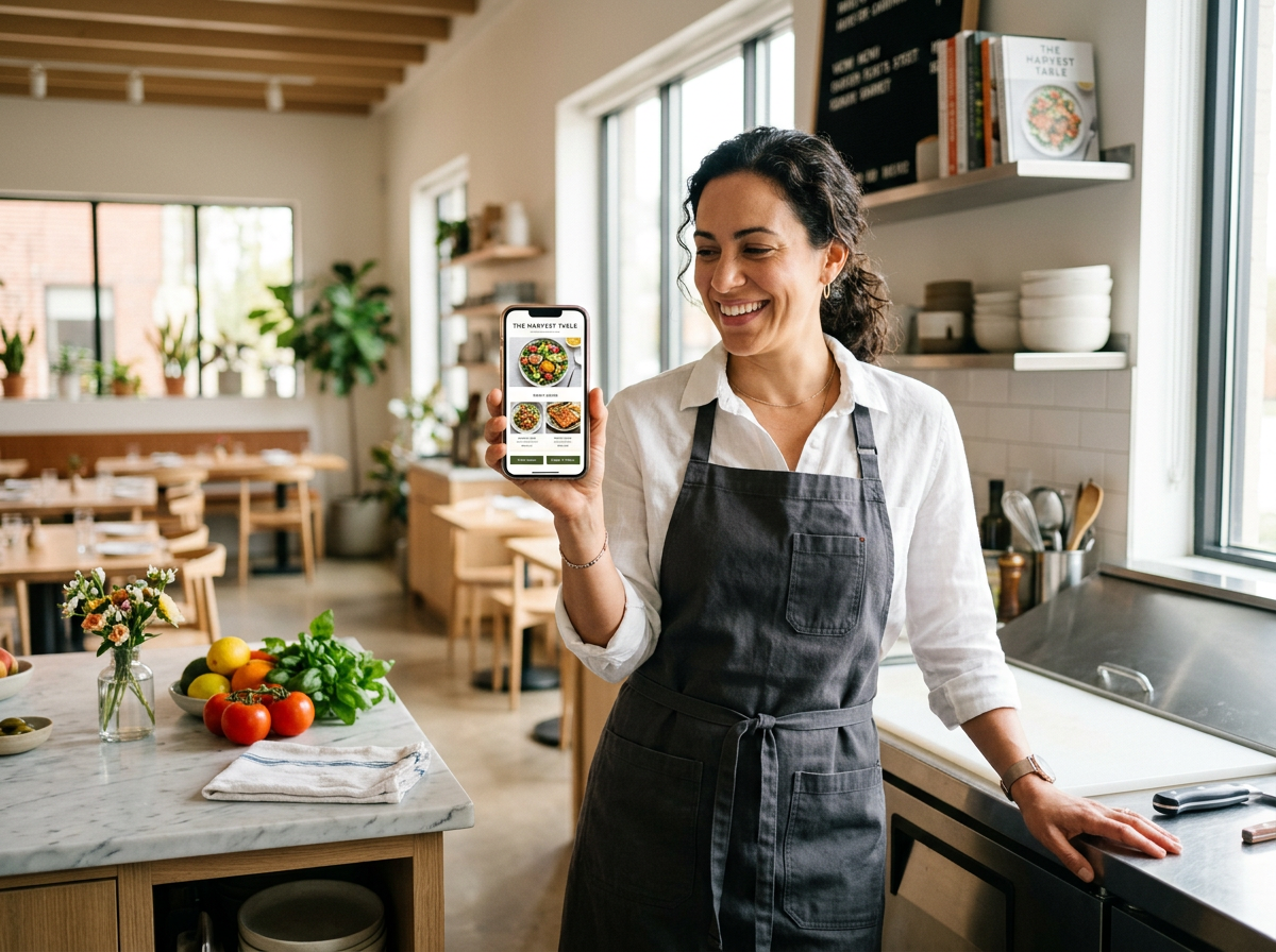 A restaurant owner successfully launching their website on a smartphone, representing the lack of technical skills required.
