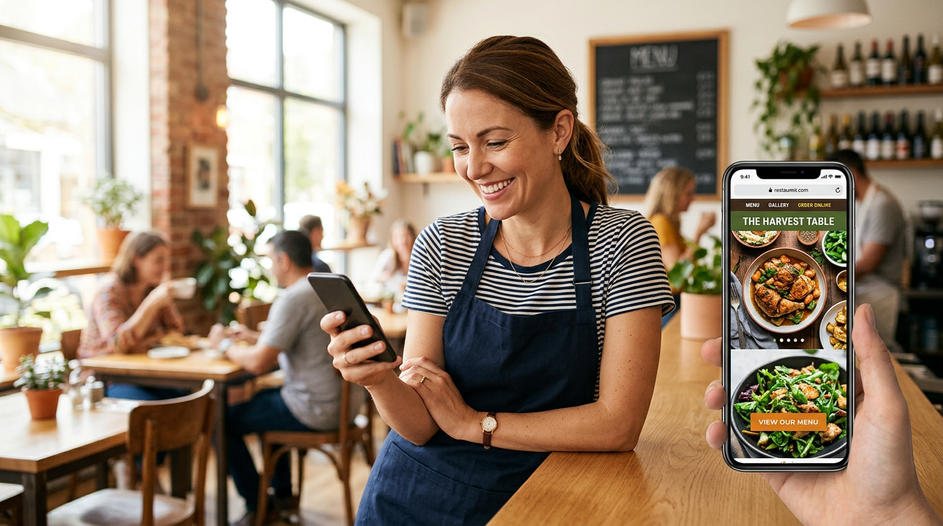 A happy restaurant owner viewing their beautiful new website on a smartphone in their sunlit restaurant.