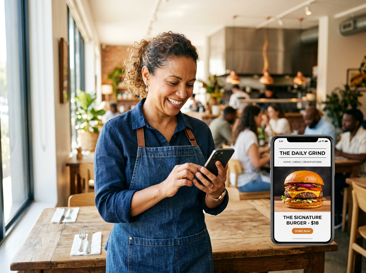 A restaurant owner smiling in their restaurant while looking at their professional AI-generated website on a mobile phone.