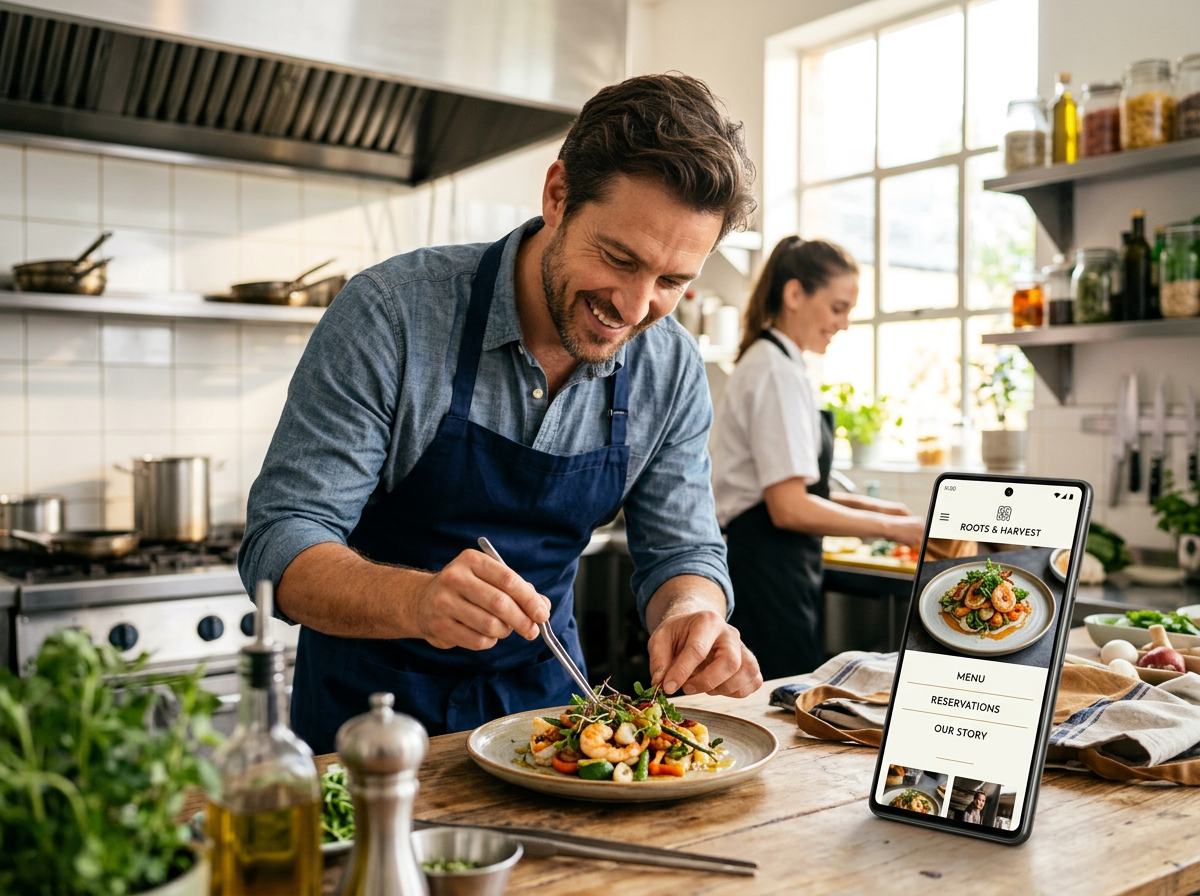 A happy restaurant owner working in the kitchen with their new website visible on a nearby phone, illustrating the speed-to-market benefit.