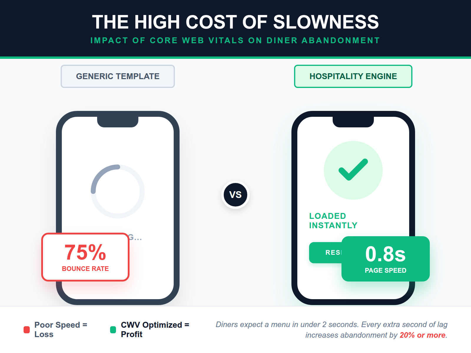 An infographic showing that 75% of guests avoid restaurants with poor mobile sites, contrasting a slow-loading generic template with a fast hospitality-optimized site.