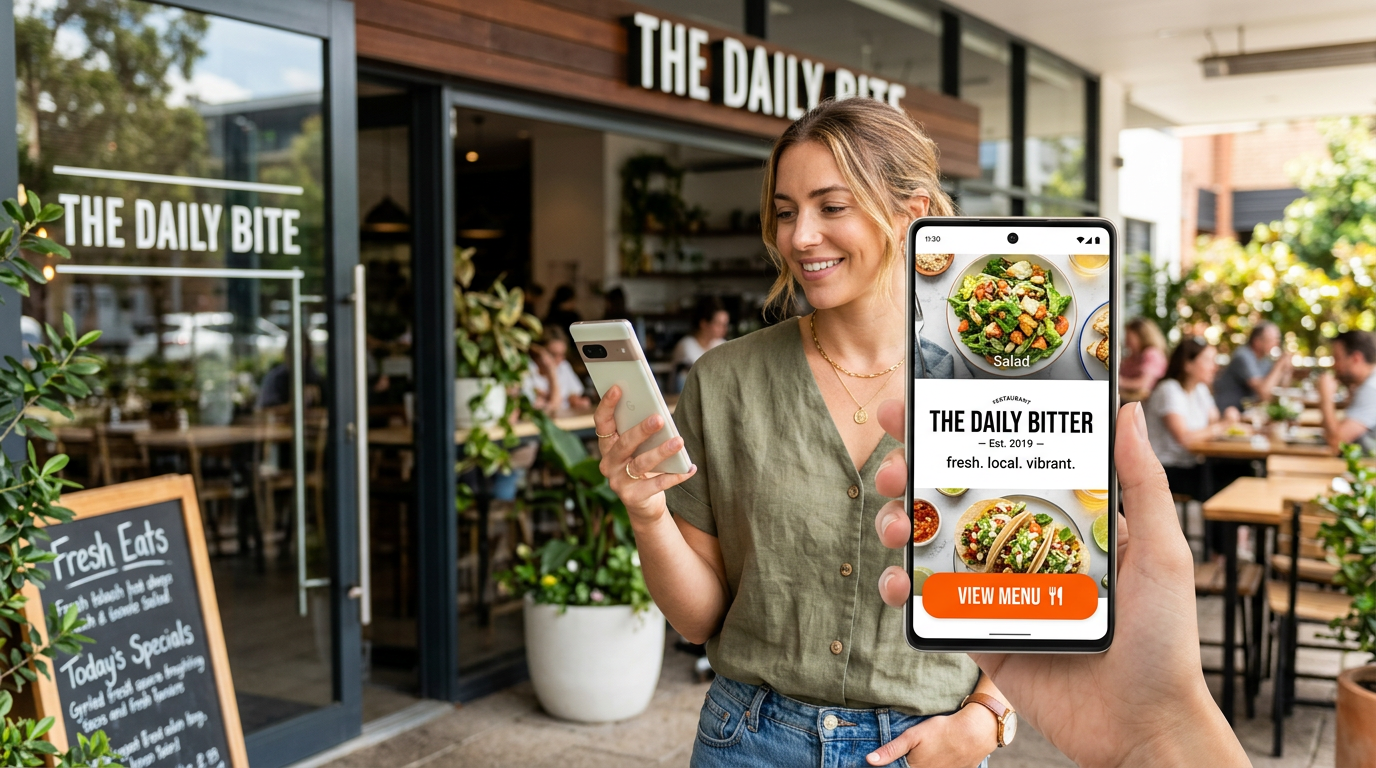 A customer looking at a restaurant's mobile-optimized website on their phone while standing outside the establishment.