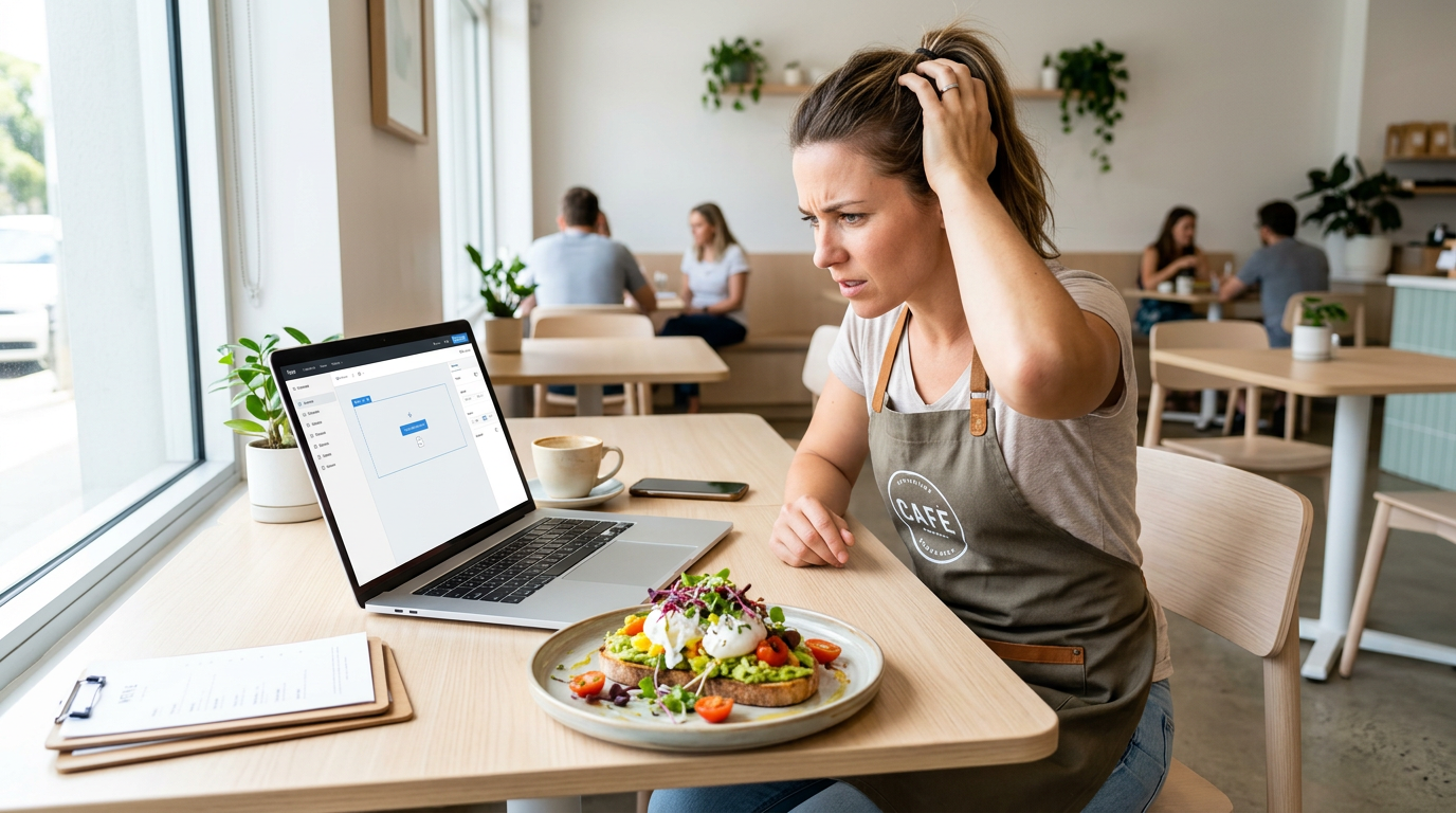 A restaurant owner looking overwhelmed by technology in a bright, modern cafe setting.