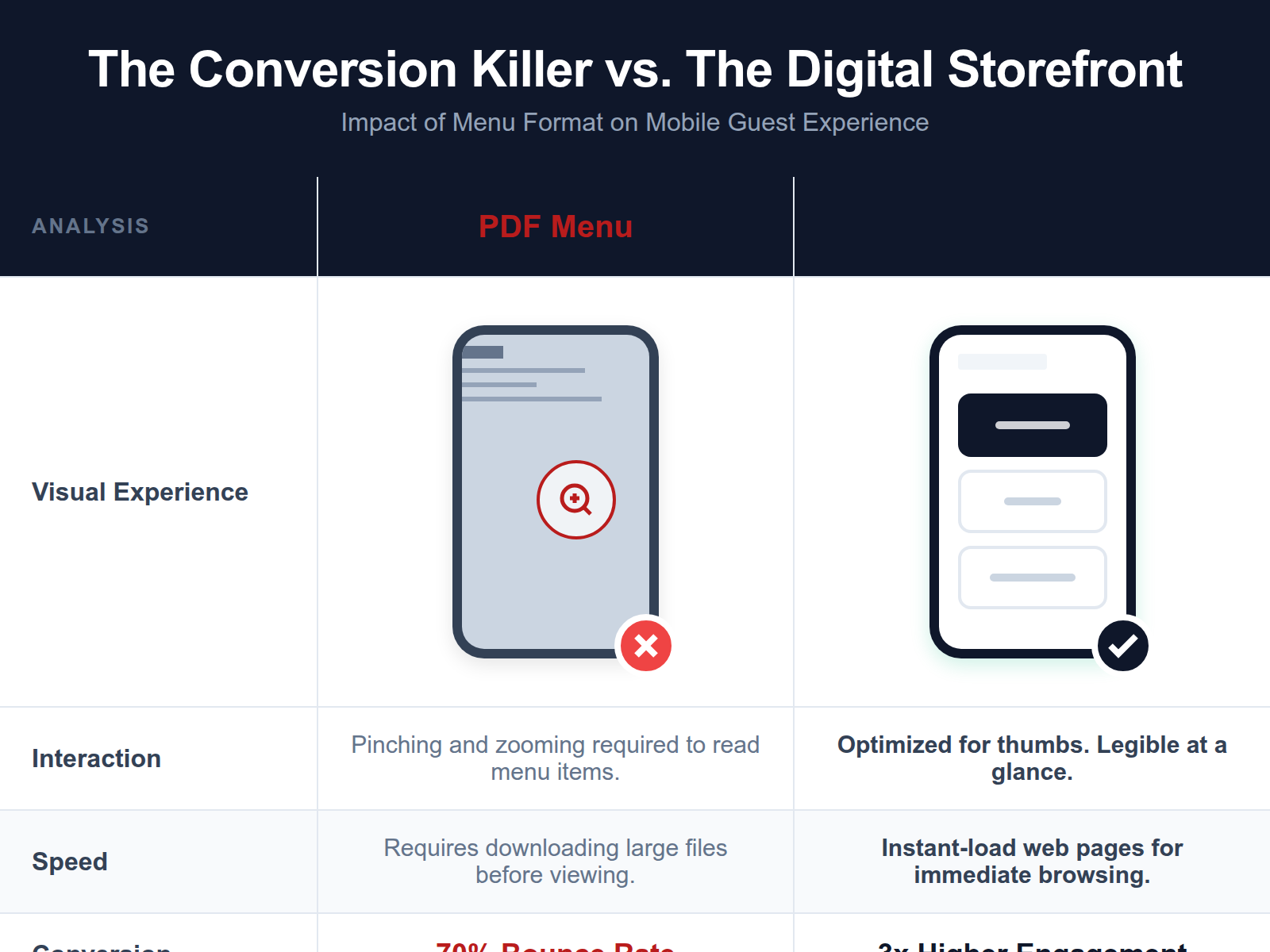 A comparison table showing the frustration of a PDF menu versus the ease of a [mobile-responsive restaurant website](https://dinehere.ai/us/blog/the-checklist-for-a-mobile-responsive-restaurant-website).