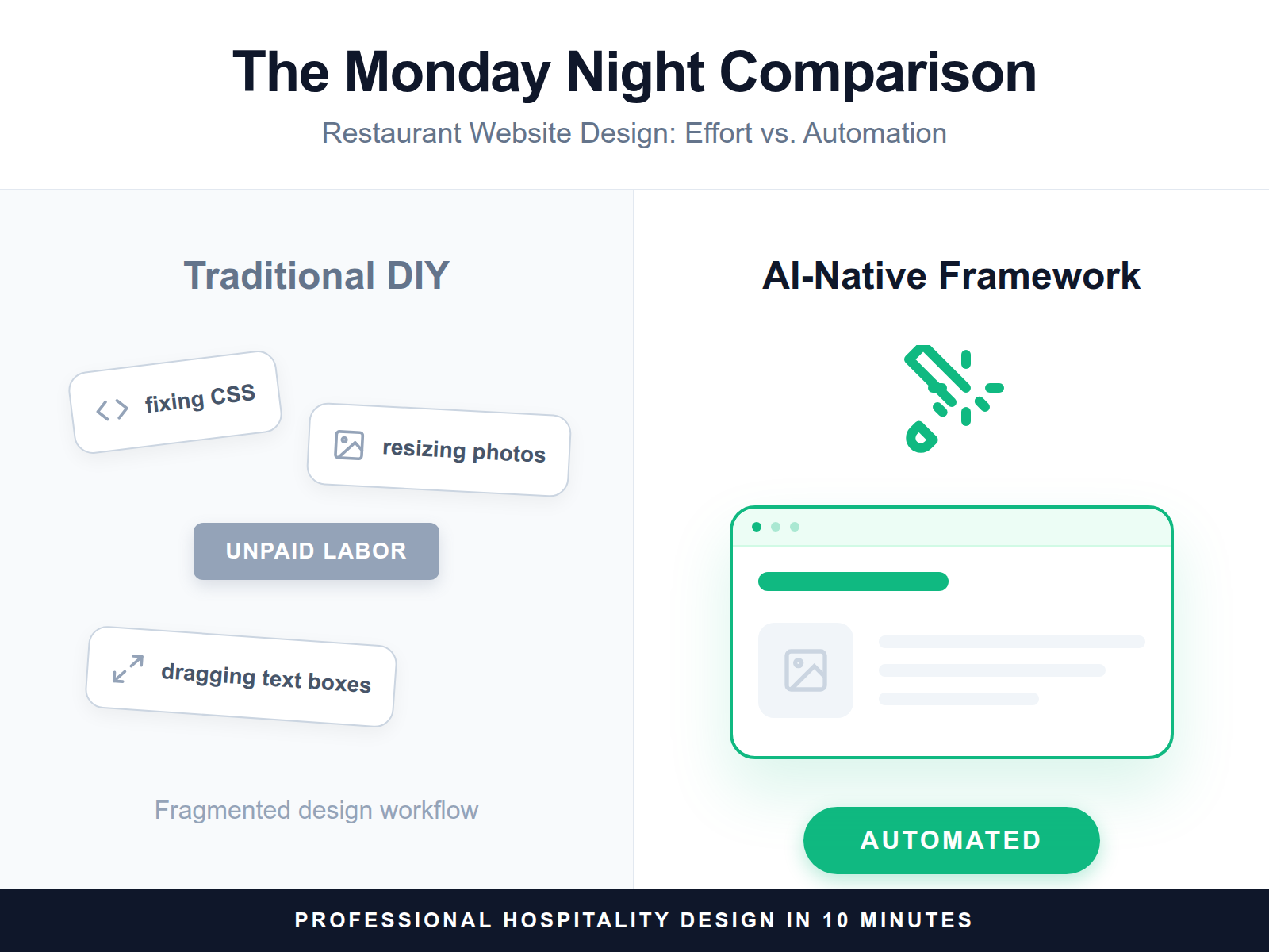 An infographic comparing the labor-intensive process of traditional website builders versus the efficiency of an AI-native framework.